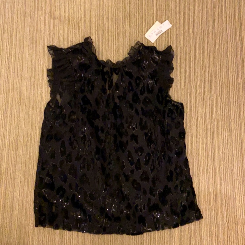 J.Crew black silk floral burnout top with floral detail.